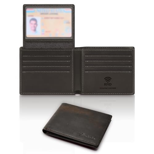 Travelambo Genuine Leather Wallet for Men with Gift Box - Handmade Bifold Stylish - Mens Wallets Rfid Blocking with 2 ID Windows - color: Craze Horse Coffee