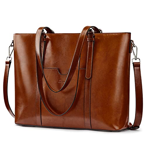 S-ZONE Women Genuine Leather Laptop Tote Bag Shoulder Handbags 15.6 Inch Purse | Soft Genuine Leather, Large Capacity, Fits 15.6-Inch Laptop, Business or Travel, Bottom Metal Feet - color: Dark Brown
