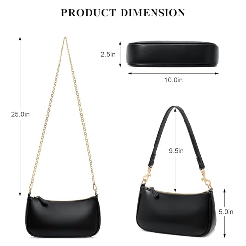 KKXIU Small Black Purse for Women, Cute Mini Shoulder Bag Zipper Closure | 2 Removable Straps, Retro Underarm Bags, Classic Crossbody Bag, Handbag for Women - color: Black