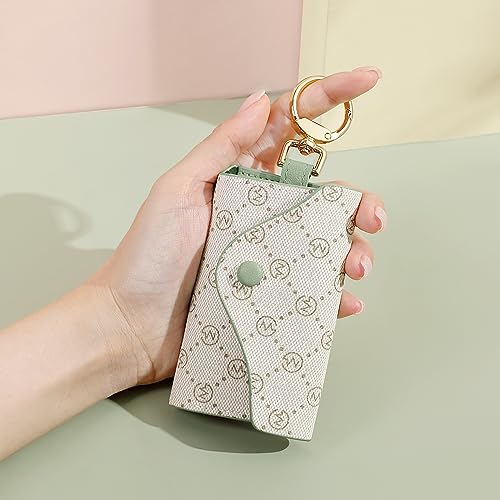 GOLF SUPAGS Women PVC Leather Car Key Chain Card Holder Wallet Pouch 6 Hook Snap Closure keys Money Organizer Case | Card Holder - color: Bean Green×Ash Green, style-2