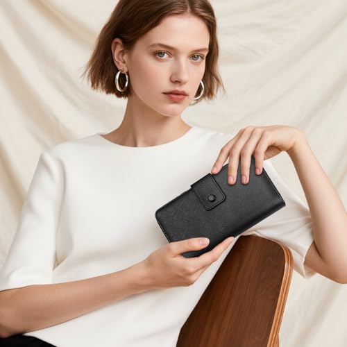 TiMOVO RFID Leather Wallet with Wrist Strap for Women, Black | 12 Card Slots, Large Capacity Travel Purse, Anti-Theft RFID Blocking PU Leather, Portable Daily & Trip Use - color: Black