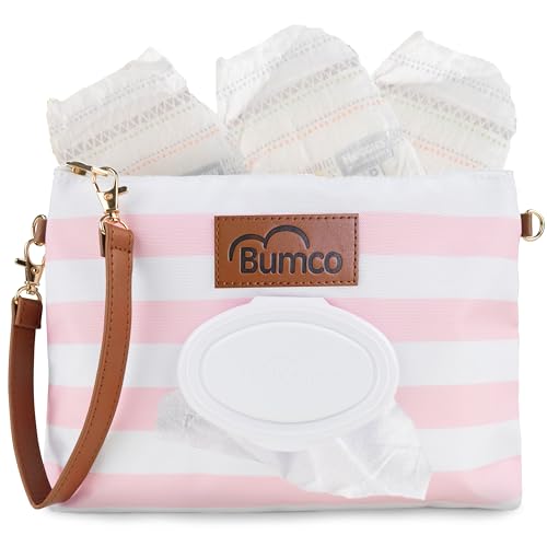 Bumco Portable Diaper Clutch Bag with Built-In Baby Wipes Dispenser (Pink) | Airtight refillable wet wipes dispenser container. Portable travel pouch holder for quick baby cleanups on the go. - color: Pink