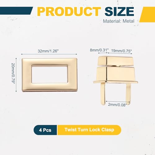 M METERXITY 4Pcs Purse Twist Lock (1.26 x 0.79 Inches, Light Gold)- Rectangular Purse Closure Twist Turn Lock Clasp Metal Clip Hardware Apply to DIY Handbag/Purse/Wallet/Leather Craft - color: Light Gold, size: 1.26 x 0.79"