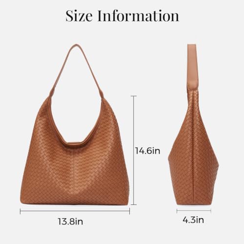 Woven Textured Vegan Leather Hobo Tote Bag Large Slouchy Purse for Women | Trendy work handbag with magnetic closure and interior pockets. Chic aesthetic satchel ideal to carry daily travel essentials - color: Brown