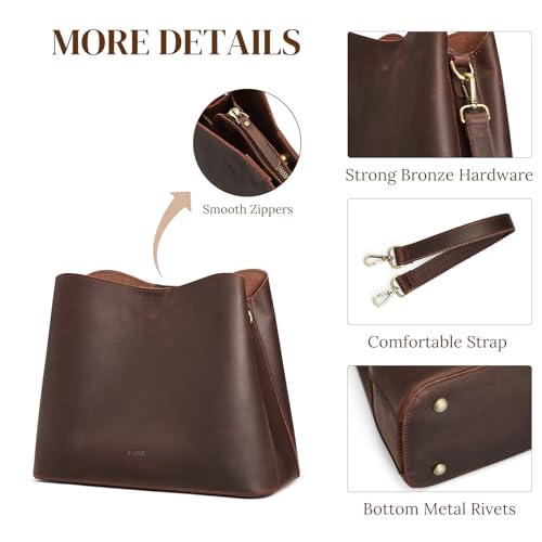 S-ZONE Leather Crossbody Bags for Women Medium Bucket Purses with 2 Straps | Top Grain Leather, Shoulder Handbag, Multi Compartments, Roomy Capacity, Bottom Rivets, for Travel or Daily - color: Dark Brown
