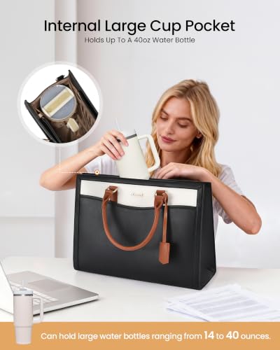 LOVEVOOK Laptop Tote Bag for Women, Large Work Computer Bag with Cup Holder - color: Black/Beige/Brown, size: 15.6 Inch