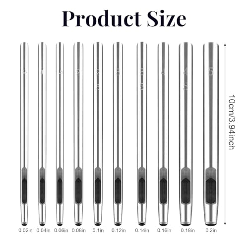 10Pcs Leather Hole Punch Set 0.5-5MM Metal Hollow Round Punches Belt Hole Puncher for Belts Watch Band Paper Plastic Leather Crafting