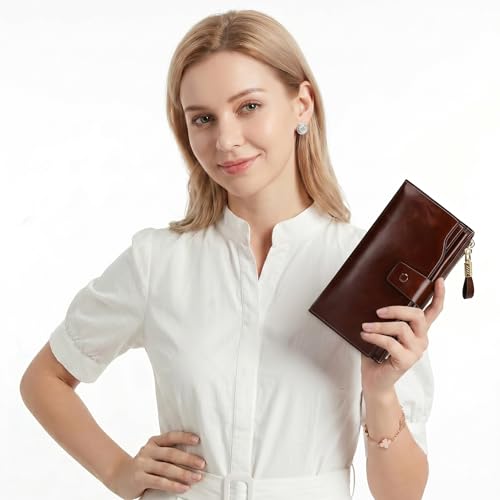 YALUXE Women's RFID Real Leather Wallet with 21 Card Slots Phone Pocket - color: 6- Waxed Coffee, size: Genuine Leather