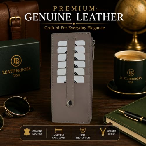 Leatherboss Genuine Leather Women's All in One Credit Business Card Case Holder Slim Zipper Wallet With a Card Protection Strap, Light Brown - color: Light Brown