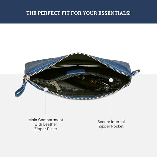 Leather Wristlet Wallet for Women Clutch Handbag Purse with Cell Phone Slot | Genuine Top Grain Leather, 8 Credit Card Slots, Detachable Strap, YKK Zipper, Gifts for Women - color: Sapphire Blue Nappa