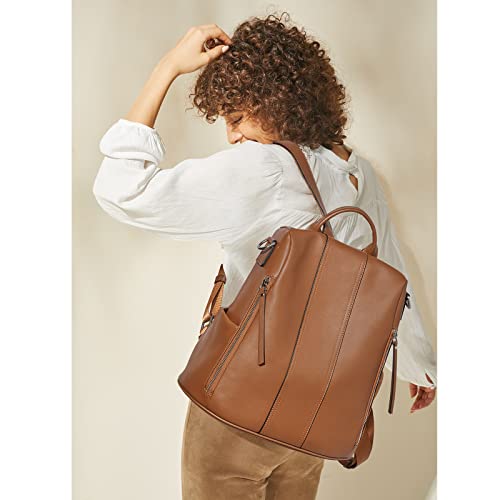 S-ZONE Leather Backpack Purses for Women Antitheft Rucksack Shoulder Bag Medium | Genuine Leather, Medium Fits 9.7-inch Tablet, for Work Travel Daily Commute, Multi Pockets, Adjustable Dual Straps - color: 2-brown