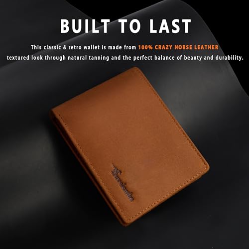 Travelambo Genuine Leather Wallet for Men with Gift Box - Handmade Bifold Stylish - Mens Wallets Rfid Blocking with 2 ID Windows - color: Craze Horse Khaki