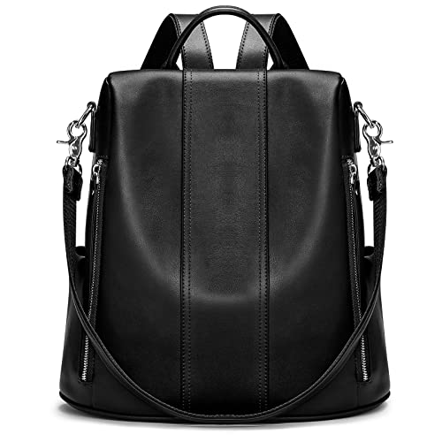 S-ZONE Leather Backpack Purses for Women Antitheft Rucksack Shoulder Bag Medium | Genuine Leather, Medium Fits 9.7-inch Tablet, for Work Travel Daily Commute, Multi Pockets, Adjustable Dual Straps - color: 2-black