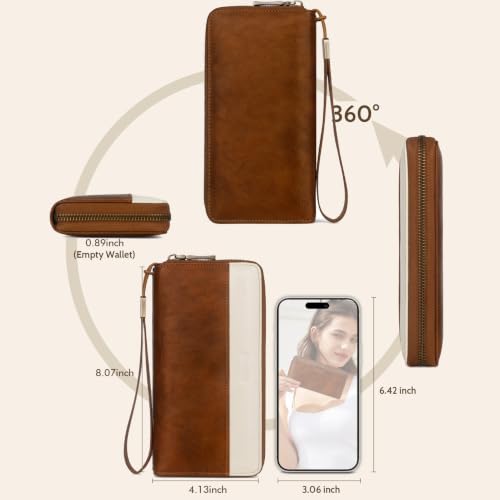 Real Leather Wristlet Wallet Women With RFID Blocking(brownwhite) - color: a7-darkbrown white