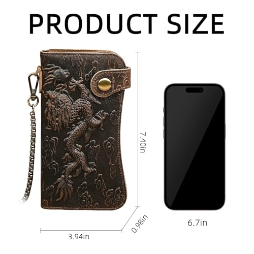 Genuine Crazy Horse Leather Travel Gift Coin Pocket Card Case Long Organizer Chain Rfid Wallet Purse With Snap For Men Male 1088 (1088 Dark Brown-Dragon) - color: 1088 Dark Brown-Dragon