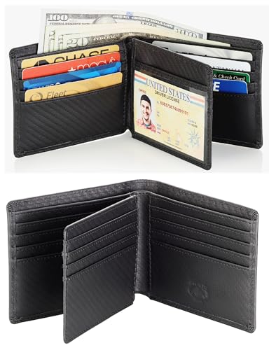 Stealth Mode Leather Bifold Wallet for Men With ID Window and RFID Blocking - color: Carbon Fiber