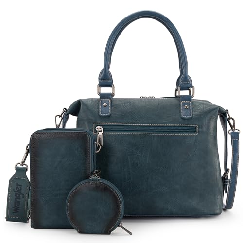 Wrangler 3Pcs Doctor Bag Sets for Women Top-handle Satchel Bag with Cell Phone Handbag and Coin Purse - color: Jet Oxford Jean