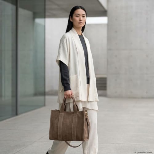 Italian Genuine Suede Tote Bag for Women with Adjustable Strap & Leather Trim | Structured Medium Shoulder Purse - color: Tobacco