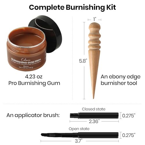 Calvana Brown Burnishing Gum 4.23 oz, Includes Ebony Edge Burnisher and Applicator Brush, for Edges on Oil-Tanned & Veg-Tanned Leather, Burnishing & Polishing, Water-Based - color: Brown