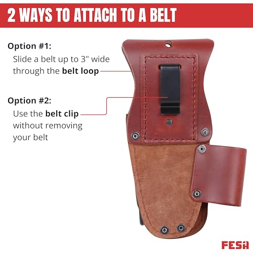 FESA Tool Belt Hammer Holder - Leather Multitool, Pliers & Hammer Holster with Pockets for Drill Bits or Markers - Heavy Duty Small Tool Pouch for Carpenters - Clip On Any Belt - Handcrafted - color: Cherry