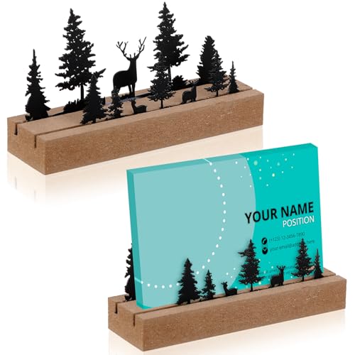 CroBlissful 2 Pcs Deer Forest Business Card Holders for Desk, Wood&Metal Black Mountain Range Forest Reindeer Silhouette Business Card Display Stand for Home Office - size: Wood, style: Deer