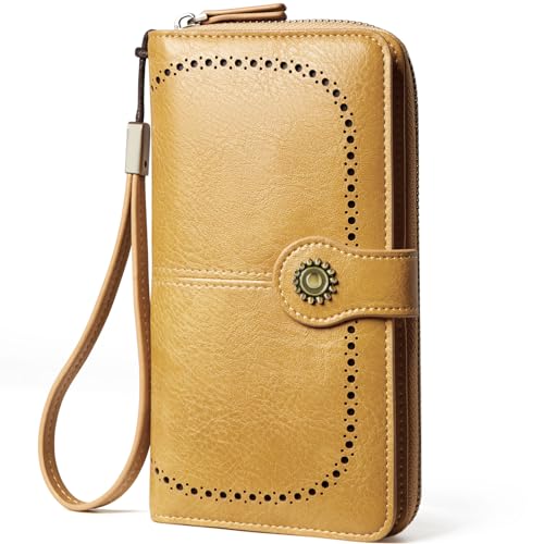 TFKGS Wallet for Women RFID Blocking Leather Large Capacity Card Holder Ladies Phone Clutch Travel Long Purse Wristlet | RFID Blocking - color: 1-Yellow