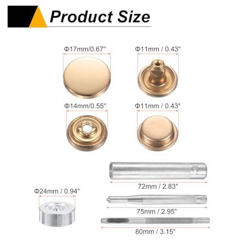 HARFINGTON 24Set Leather Snaps Fasteners Kit 17mm Dia Brass Press-Stud Cap Button 2.95" Length Metal Snap Buttons with 4 Install Tools for Coat Bag Leather Marine Boat Canvas, Gold - color: Gold, size: 17mm