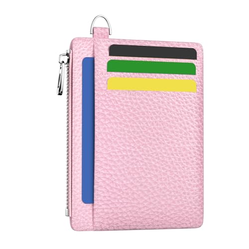 Hancynir Minimalist Slim Wallet Women Credit Card Holder, RFID Small Cute | Zipper Pocket Wallet, Thin Travel Coin Purse, Ladies Women Gifts, Key Chain Card Case, 6 Card Slots, ID Window, PU Leather - color: 01-Lichee PK Bling Wallet