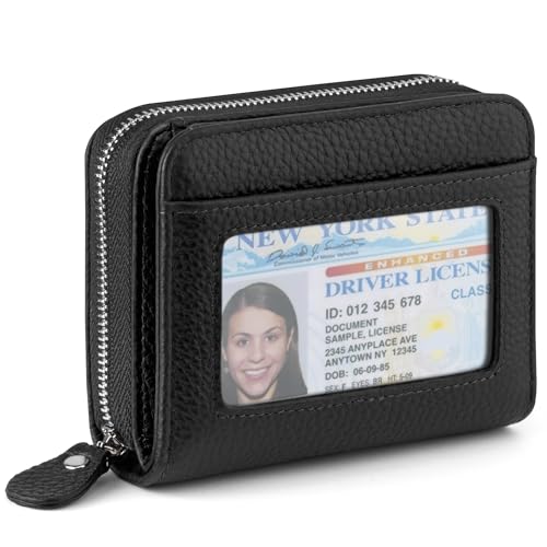 XINNSTAR Genuine Small Wallet for Women, Slim RFID Blocking Credit Card Holder with ID Window, Compact Purses for Women with 11 Card Slots - color: Black