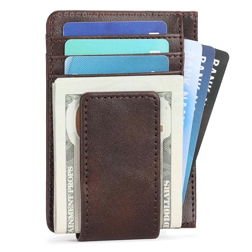 Magnetic Closure Slim Wallet for Men Leather RFID Blocking Minimalist Front Pocket Money Clip Wallet Credit Card Holder - color: Dark Brown