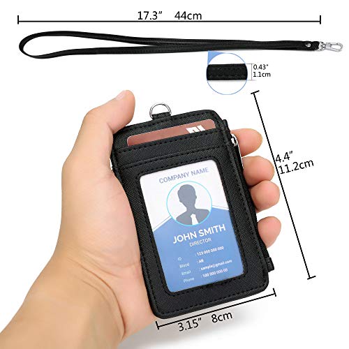 ID Badge Holder with Neck Lanyard PU Leather ID Badge Wallet Case with 1 ID Window, 4 Card Slots, 1 Side Zipper Pocket (2PCS Black) - color: 2pcs Black
