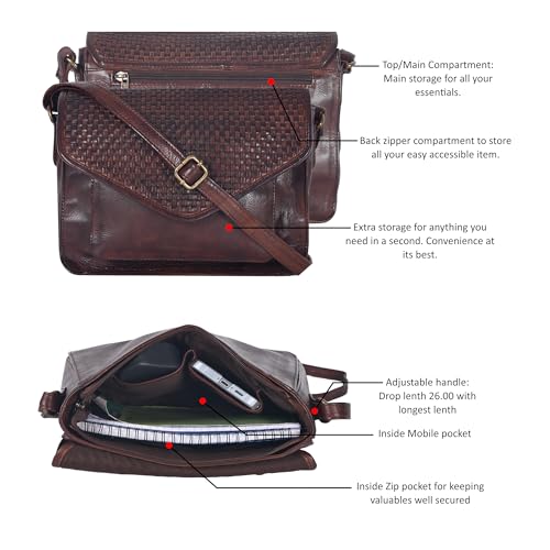 Ozora Genuine Leather Crossbody Purse for Women, Shoulder Bag - color: Brown Weaving
