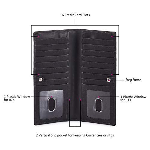 Long Wallet for Men Women Leather Slim Bifold RFID Blocking Card Holder | Real Top Grain Leather, Stylish 18 Credit Card Slots, 2 ID Windows, 2 Currency Sleeves, Gift Box, (Black, Crazy Horse) - color: Black Crazy Horse