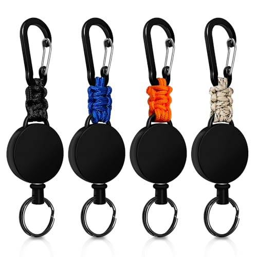 Retractable Keychain 4 Pieces Heavy Duty Carabiner Badge Holder Retractable Badge Reel ID Holder Extendable Key Ring Key Holder with 23.6” Steel Cord and Paracord(Black + Beige + Blue + Orange) - color: Black + Beige + Blue + Orange