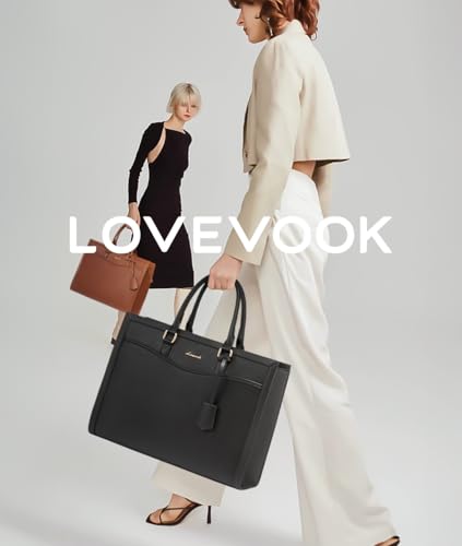 LOVEVOOK Laptop Tote Bag for Women, Large Work Computer Bag with Cup Holder - color: Leather/Black, size: 15.6 Inch