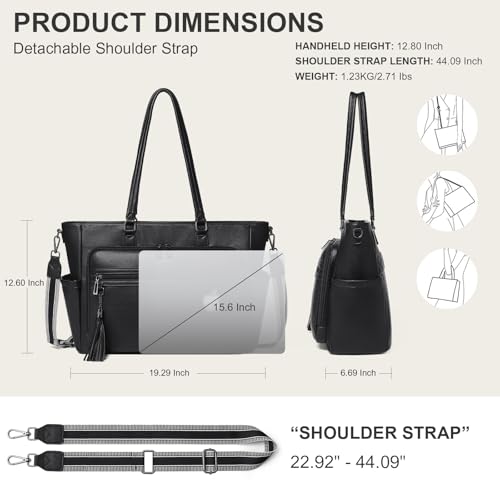 Shrrie 15.6 Inch Laptop Tote Bag for Women Large Leather Shoulder Bag Handbags Purses with Detachable Shoulder Strap - color: Black
