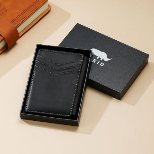 Genuine Leather Slim Wallet for Men: Minimalist RFID Wallet Holds 15 Cards - color: Premium Genuine Leather Black