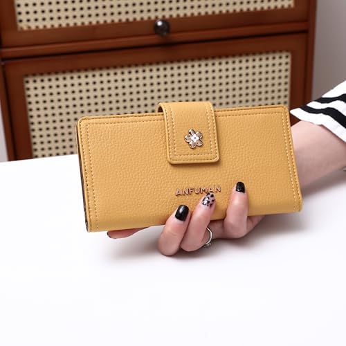 Long Wallets for Women Rfid Blocking Leather Multi Card Holder Wallet Clutch Ladies Wallet Zipper Pocket with ID Window Yellow - color: Yellow