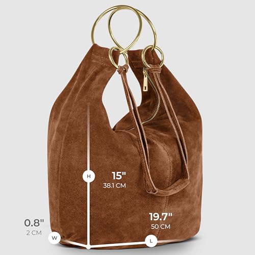 Italian Genuine Suede Hobo Bag for Women with Zippered Closure and Ring Handle Hardware | Large Shoulder Handbag (Brown) - color: Brown