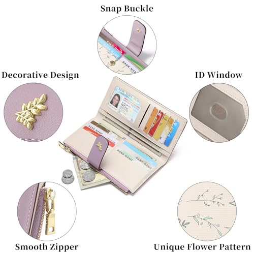 GAEKEAO Womens Wallet Slim Thin RFID Blocking Floral Vegan Leather Card Holder Bifold Long Ladies Wallet with Zipper Pocket - color: Purple