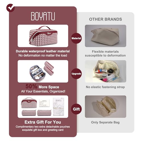 BOYATU Travel Makeup Bag Cosmetic Bags for Women: 3 Pcs Set Make up Bag | Large Capacity Waterproof Vegan Leather Organizer Bags with Compartments - Lay flat Toiletry with Handle (M-78Red) - color: M-78Red