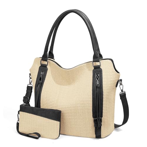 Checkered Tote Bag Large Checkered Purses for Women Plaid Hobo Shoulder Bag Multiple Pockets Tote Handbags - color: E02-black Straw