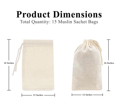 Mandala Crafts 12X16 In Natural Muslin Drawstring Bag Cotton Pouches 15 PCs | Reusable, Washable Fabric Bags, for Toiletries, Shoes, Hair Dryers, Handbags, Clothing, Travel, Wedding Favors, Gifts