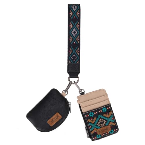 Wrangler Western Keychain Wristlet Wallets for Women Retro Dual Pouch Wristlet Credit Card Holder Wallet with Zipper Pocket WG2214-W0051BK - color: Aztec-Black