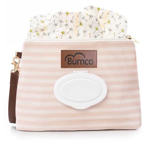 Bumco Portable Diaper Clutch Bag with Built-In Baby Wipes Dispenser | Airtight refillable wet wipes dispenser container. Portable travel pouch holder for quick baby cleanups on the go. - color: Beige