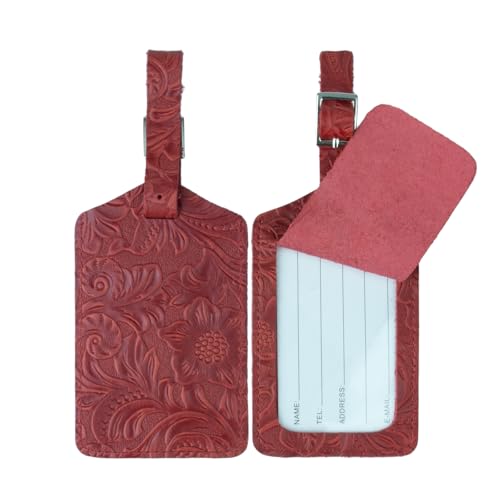 Genuine Leather Luggage Tags & Bag Tags 2 Pieces Set - color: Red Flower