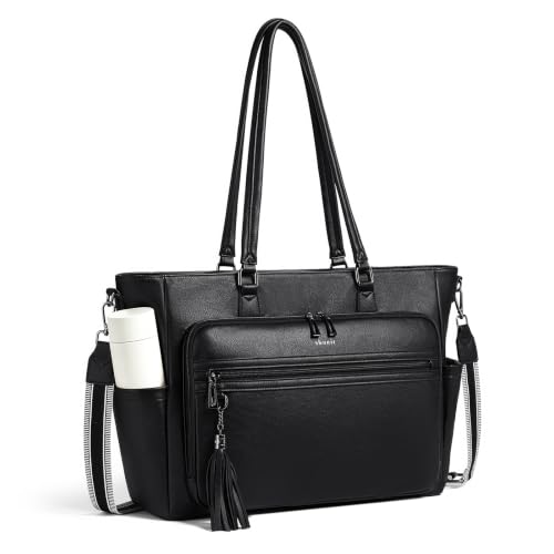 15.6 Inch Laptop Tote Bag for Women Large Leather Shoulder Bag Handbags Purses with Detachable Shoulder Strap - color: Black