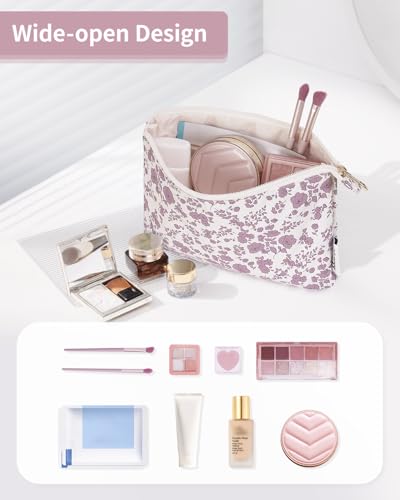 Narwey Small Makeup Bag for Purse Travel Makeup Pouch Cosmetic Bag Zipper Pouch Bags for Women (Dusty Pink Flower) - color: Dusty Pink Flower
