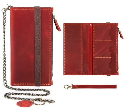 Robrasim Leather Wallet for Men and Women, Handmade Detachable Chain Wristlet Long Bifold Clutch with Large Capacity Zipper Coin Pocket (Wine, 7.87"x4.17") - color: Wine