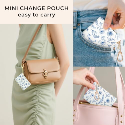 Blue Flower Keychain Coin Purse for Women, Small Change Pouch | Zipper Key Chain Purse, Little Tiny Zip Pocket, PU Leather, Travel Wallet for Girls, Cute Coin Holder, Key Ring, Women Gifts - color: Abstract Blue Flower